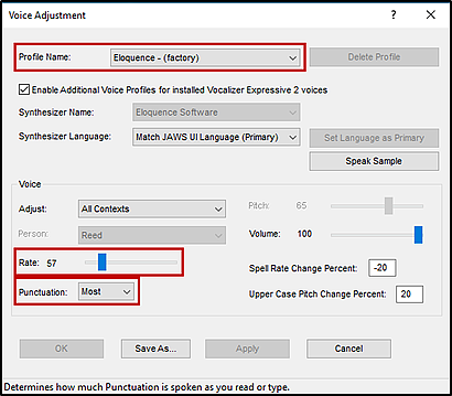 The Voice Adjustment window in JAWS indicating the Profile Name, Rate, and Punctuation settings.