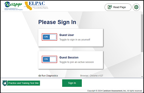 Student Sign In screen for practice and training tests with toggles for guest user and guest session indicated.