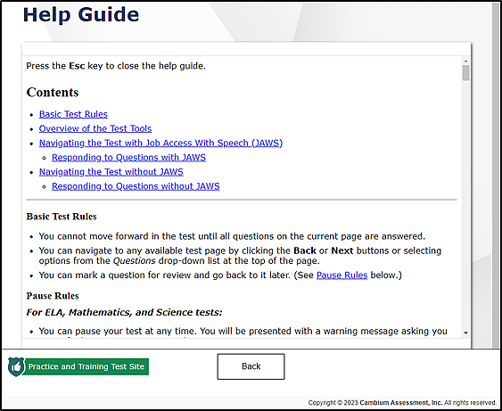 Help Guide with links to topics, including navigating the test with and without JAWS.