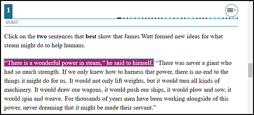 Sample question with a sentence that starts “There is a wonderful power in steam, he said to himself” selected as hot text.