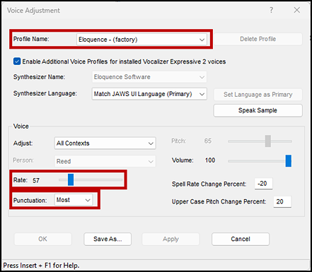 The Voice Adjustment window in JAWS indicating the Profile Name, Rate, and Punctuation settings.