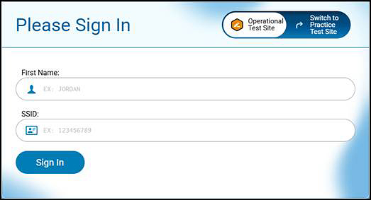 Student Please Sign In screen for operational testing with fields for First Name and SSID.