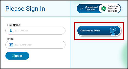 Student Please Sign In screen for the Practice and Training Test Site with fields for First Name and SSID.