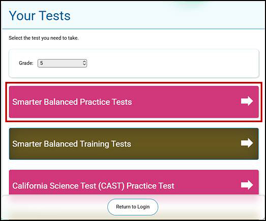 Your Tests screen for give five with categories for Smarter Balanced and CAST practice tests and the Smarter Balanced training tests.