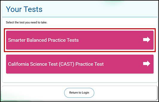 Your Tests screen with categories for Smarter Balanced and CAST practice tests.