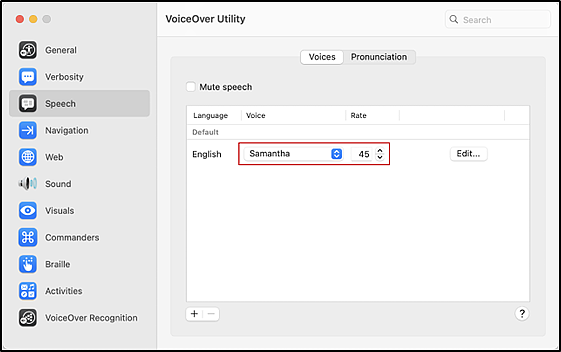 Voices tab in the VoiceOver Utility screen with the voice profile and rate settings indicated.