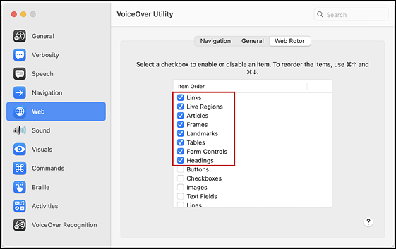 VoiceOver Utility Web Rotor tab showing the marked checkboxes listed in step 8 indicated.