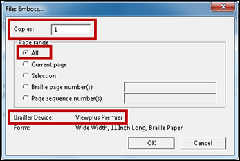 File: Emboss... window, with the Copies field set at 1 and the All radio button and Brailler Device Viewplus Premier indicated.