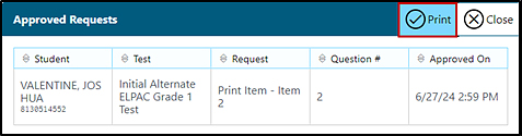 Approved Requests window with the Print button indicated.