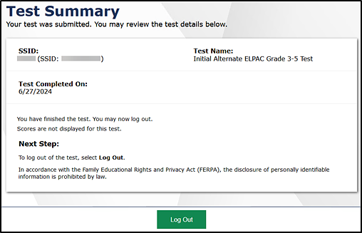 Test Summary screen that reads, 'Your test was submitted. You may review the test details below.'