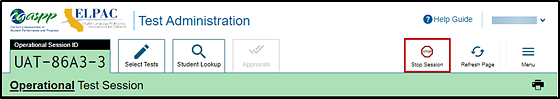 Test Administrator Interface screen with the Stop Session button indicated.