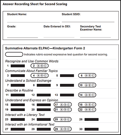 Answer recording sheet for second scoring for kindergarten.