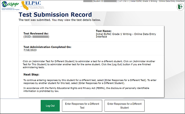 Test Submission Record screen with three buttons at the bottom: Log Out, Enter Responses for a Different Test, and Enter Responses for a Different Student.