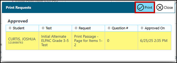 Print Requests window with the Print button indicated.