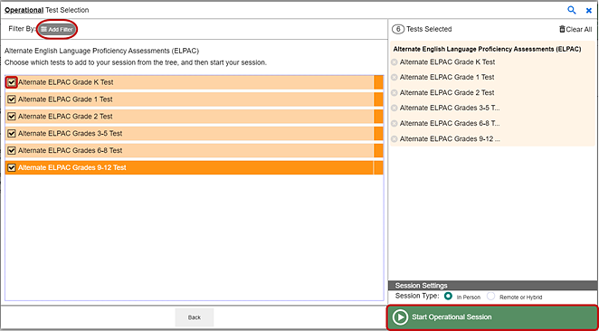 Operational Test Selection screen with the Add Filter button, grade test checkbox, and Start Operational Session button called out
