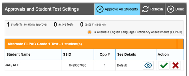 Approvals and Student Test Settings screen
