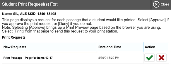 Student Print Request(s) window