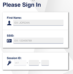 Student Sign In web form, which includes fields for the student's first name, SSID, and the test session ID