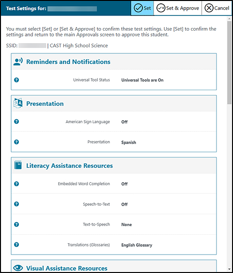 Test Settings screen for a selected student that shows sections for Reminders and Notifications, Literary Assistance Resources, and Presentation.