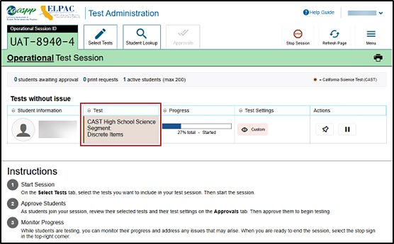 Test Administrator Interface screen with a test in the Tests without issue table and the test column indicated.