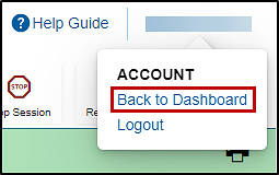 Name drop-down list with the Back to Dashboard option indicated.