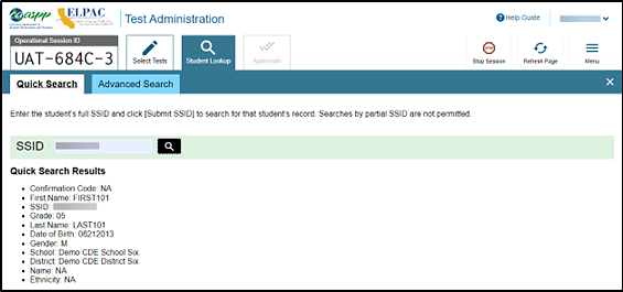 Student Lookup: Quick Search tab with sample student information.