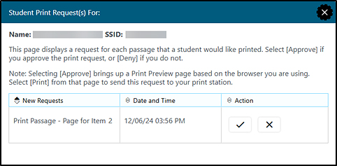 Student Print Request window with one item in the queue.