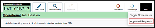 Test Administrator Interface with Approved Requests option indicated.