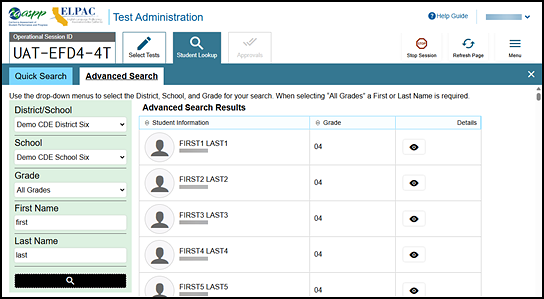 Student Lookup: Advanced Search tab with a list of sample results.