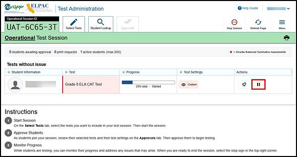 The Test Administrator Interface with a student's Pause button indicated.