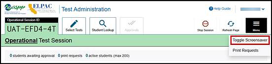 Test Administrator Interface with the Toggle Screensaver option indicated.