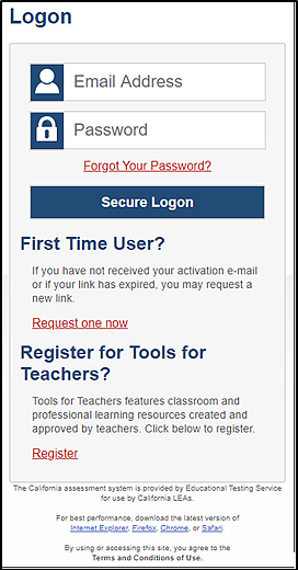 Test Administrator Interface Logon screen