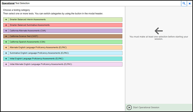 Operational Test Selection screen that lists all CAASPP and ELPAC tests