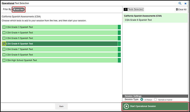 Operational Test Selection screen with the list of available items expanded and the Add Filter button, test checkbox, and Start Operational Session button indicated
