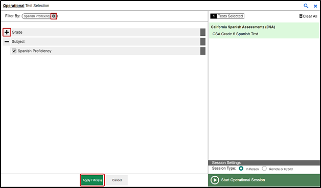 Operational Test Selection screen with the list of items that can be filtered, which are Grade and Subject, and Expand and Apply Filter button indicated