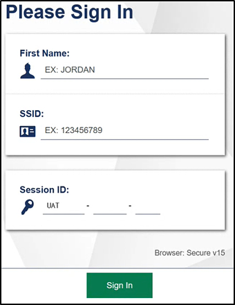 Student Sign In screen, which includes fields for the student's first name, SSID, and the test session ID