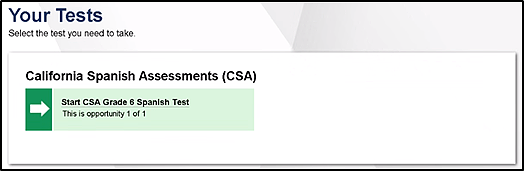 Your Tests screen from which a student selects a test