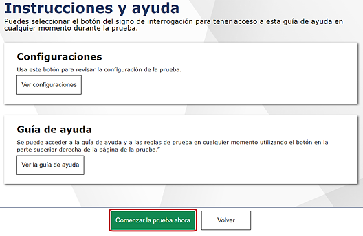 Review Test Settings screen with the Comenzar la prueba ahora button indicated