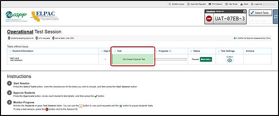 Test Administrator Interface layout with students in session with a circle around the Test column