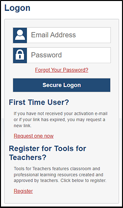 Logon screen that shows Email Address and Password fields and has a Secure Logon button.