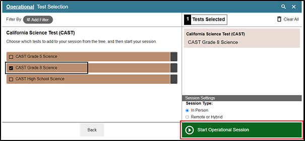 Operational Test Selection screen with the list of available grade-level CAST expanded with marked checkboxes and Start Operational Session button indicated.