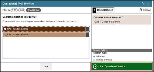 Filtering option in the Test Administrator Interface with grades five and eight filtering options selected and the Start Operational Session button indicated.