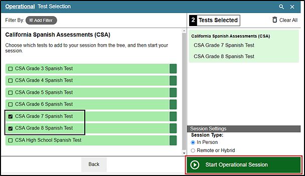 Operational Test Selection screen with the list of available grade-level CSA expanded with marked checkboxes and Start Operational Session button indicated.