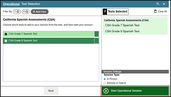 Filtering option in the Test Administrator Interface with grades seven and eight filtering options selected and the Start Operational Session button indicated.