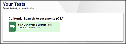 Your Tests screen from which a student selects a test.