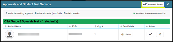 Approvals and Student Test Settings screen with Approve All Students button indicated.