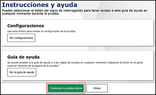 Review Test Settings screen with the Comenzar la prueba ahora button indicated.