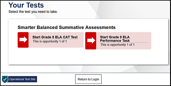 Your Tests screen from which a student selects a test.