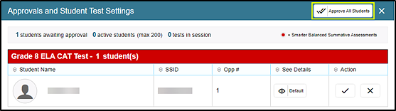 Approvals and Student Test Settings screen with Approve All Students button called out.