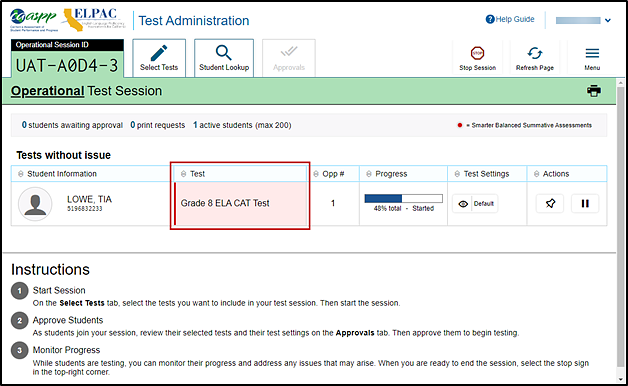 Test Administrator Interface layout with Tests column in the Tests without Issue table indicated.